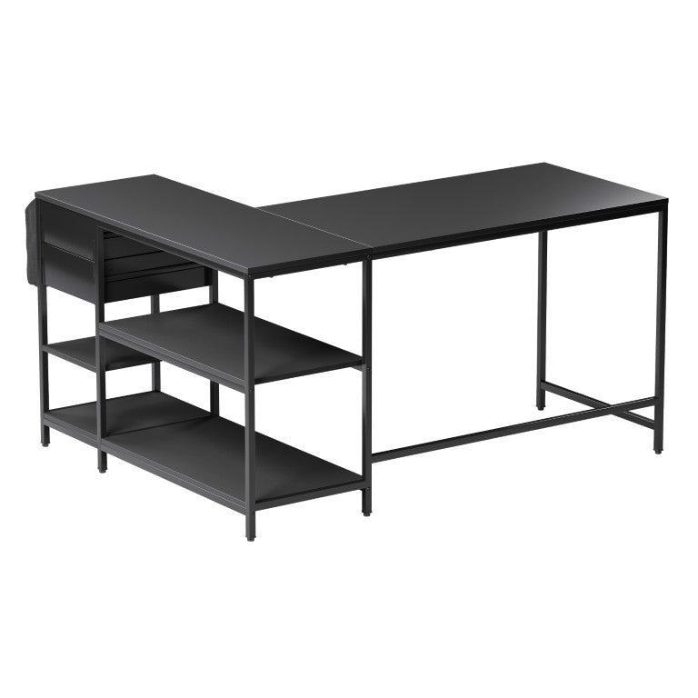 55 Inch L Shaped Office Desk in Black Wood and Steel with Built in Storage Drawers