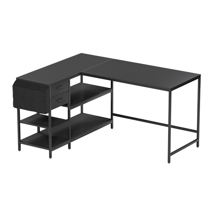 55 Inch L Shaped Office Desk in Black Wood and Steel with Built in Storage Drawers