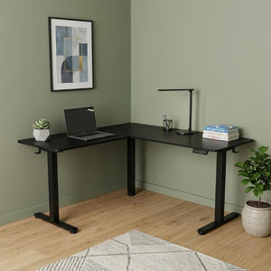 Adjustable L Shape Standing Desk in Black Steel and Wood for Home Office Use