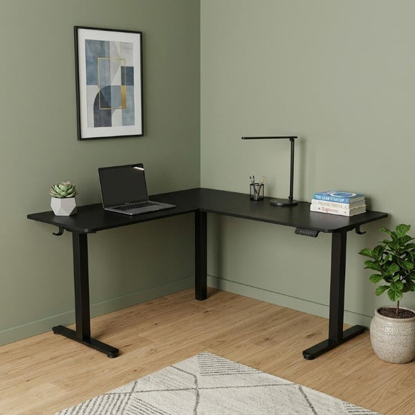 Adjustable L Shape Standing Desk in Black Steel and Wood for Home Office Use