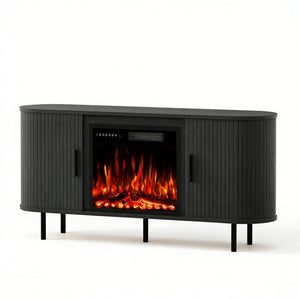 HomeRoots 65 Inch Wood Entertainment Center with Built-in Electric Fireplace for Living Room Storage Black 723789