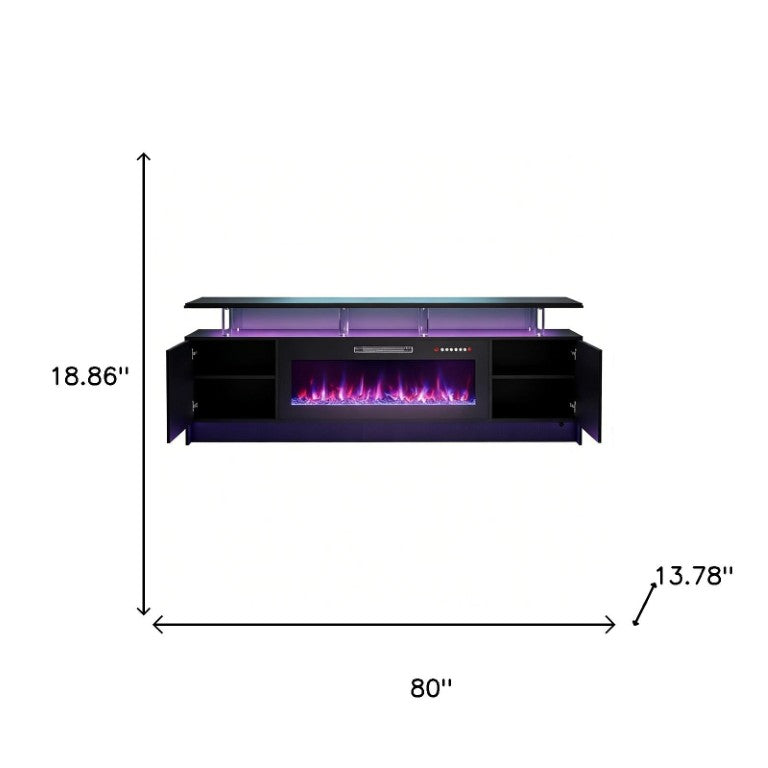 HomeRoots 80 Inch Black Wood Entertainment Center with Built-in Electric Fireplace for Living Room 723795
