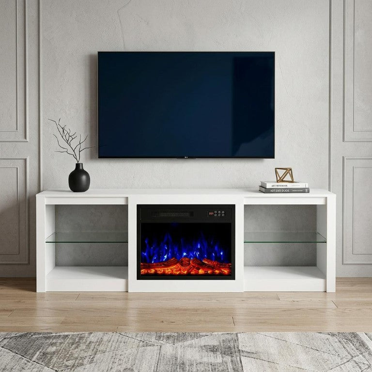 HomeRoots 70 Inch White Wood Electric Fireplace Tv Stand for Living Room Console Storage 723798
