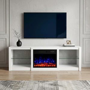 70 Inch White Wood Electric Fireplace Tv Stand for Living Room Console Storage