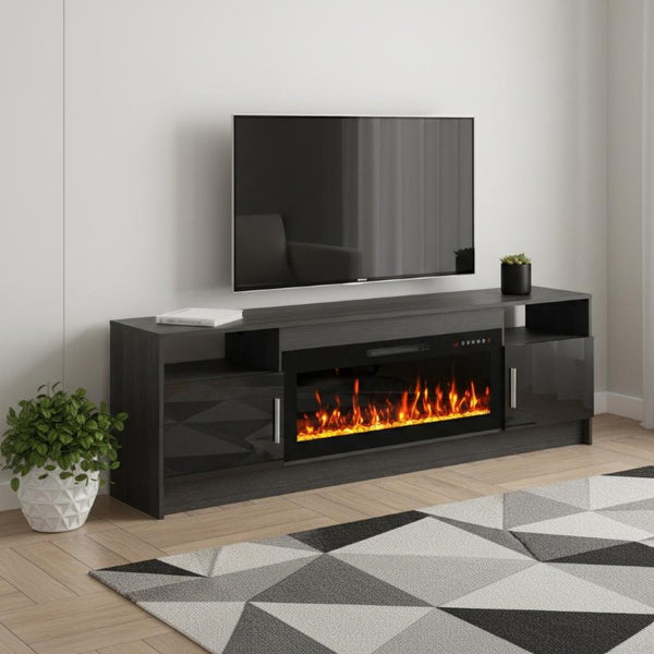 70 Inch Black Wood Entertainment Center with Built-in Electric Fireplace for Living Rooms