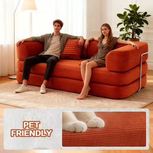 English Elm Floor Floor Couch Convertible 5-in-1 Corduroy Sofa Bed with Pillow-to-Blanket, Reinforced Frame Red W3565P354958