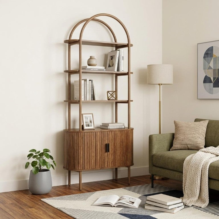 HomeRoots 71 Inch Steel and Wood Etagere with Four Open Shelves and Cabinet Storage 723811