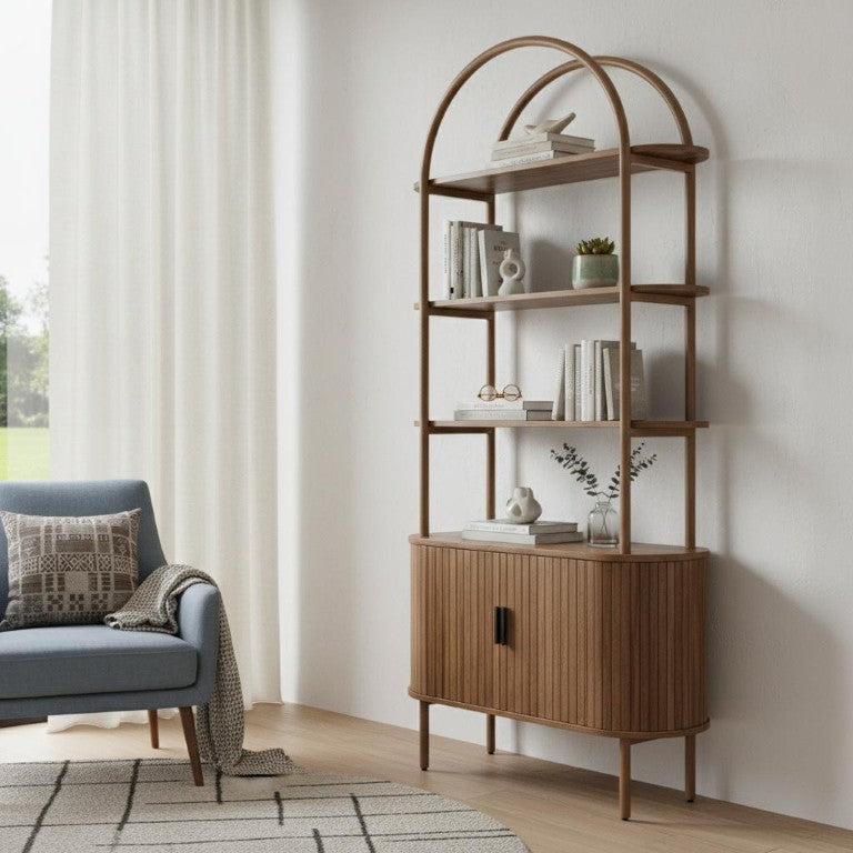 HomeRoots 71 Inch Steel and Wood Etagere with Four Open Shelves and Cabinet Storage 723811