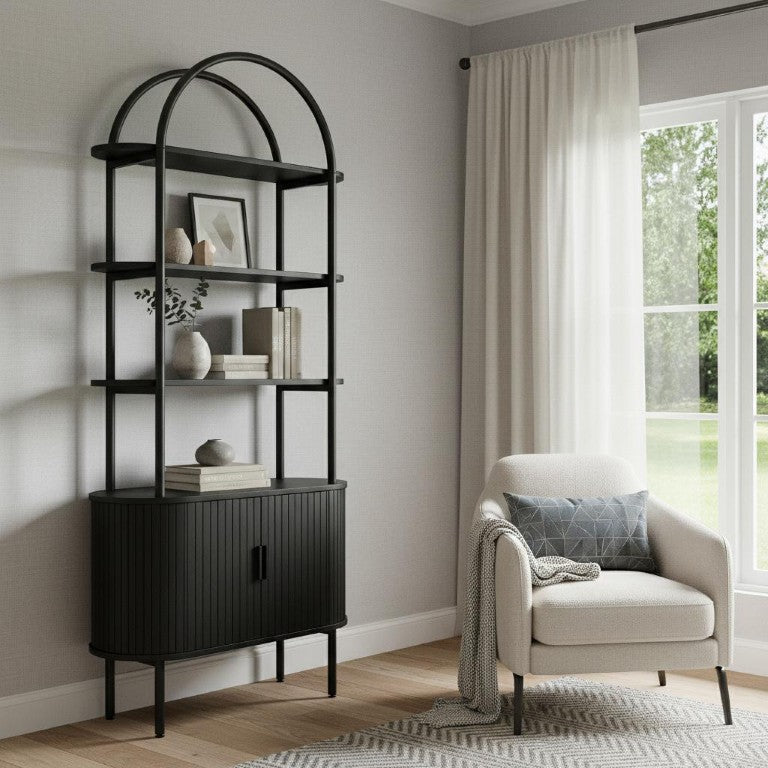 HomeRoots 71 Inch Black Wood Arched Etagere with Four Open Shelves and Cabinet Storage Below 723812
