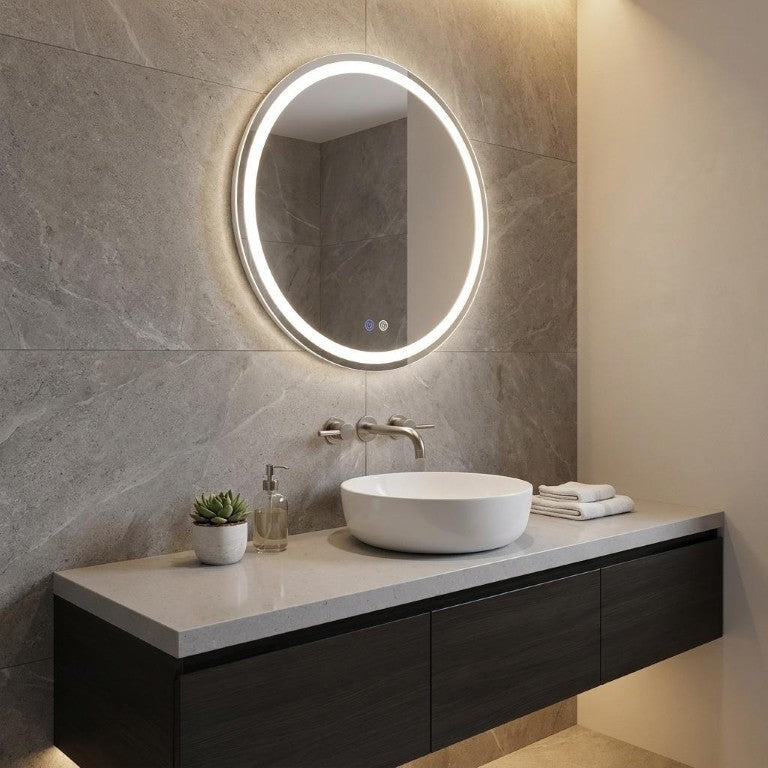 HomeRoots 30 Inch Round Led Backlit Vanity Mirror with Anti Fog and Smart Touch Dimming 723834