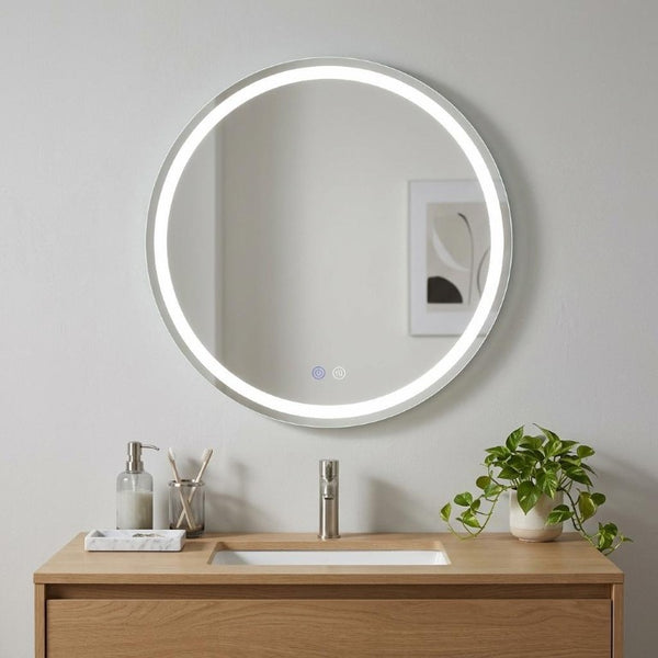 35 Inch Round Led Illuminated Bathroom Mirror with Defogging and Frameless Design