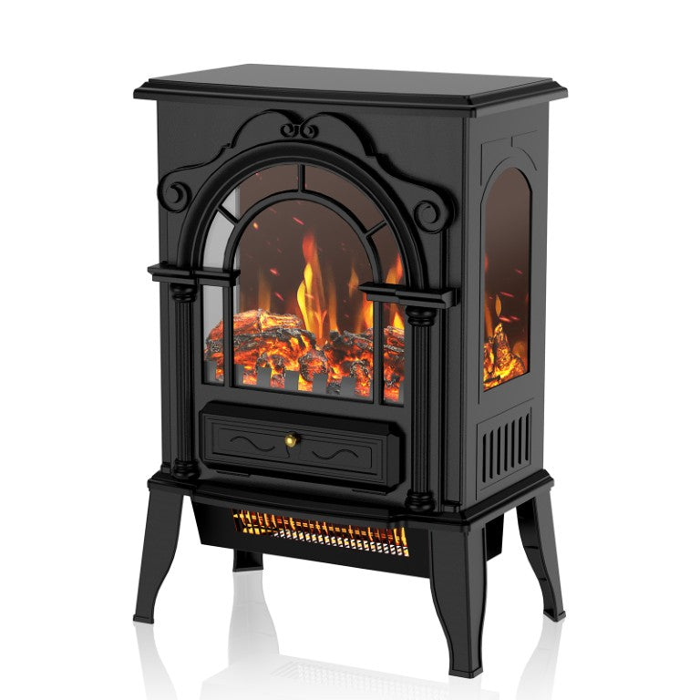 HomeRoots 15 Inch Ornate Scrollwork Electric Fireplace with Glass Metal Frame and Storage Mantle 723842