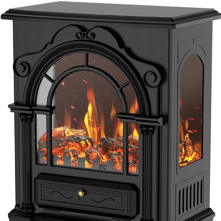 HomeRoots 15 Inch Ornate Scrollwork Electric Fireplace with Glass Metal Frame and Storage Mantle 723842
