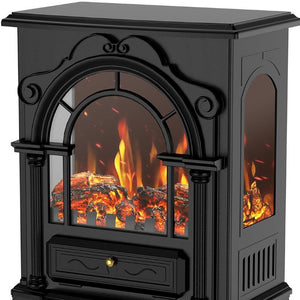 15 Inch Ornate Scrollwork Electric Fireplace with Glass Metal Frame and Storage Mantle