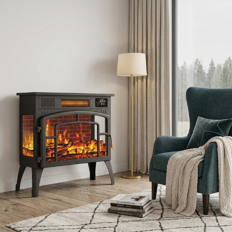 HomeRoots 23 Inch Steel Electric Fireplace with Mantle for Modern Living Room Ambiance 723843