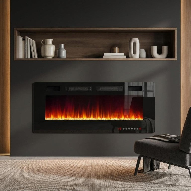 60 Inch Black Metal Electric Fireplace for Modern Living Room Ambiance and Warmth