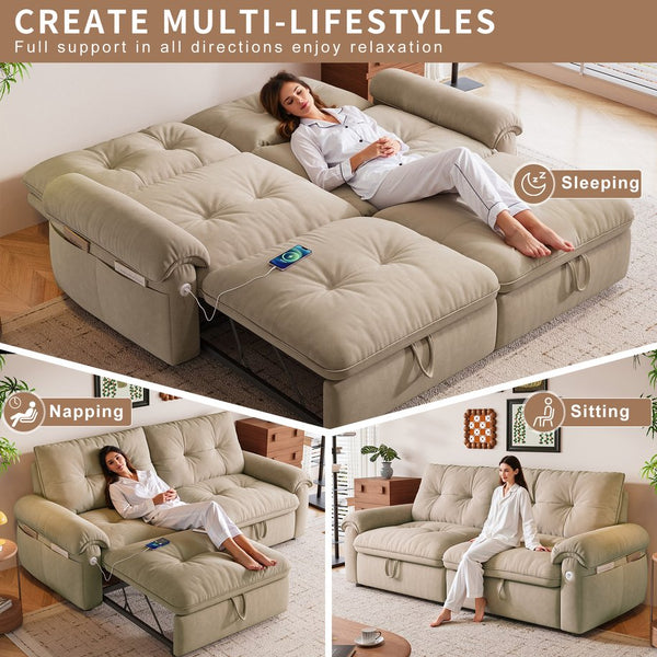 English Elm It 77-inch convertible velvet sofa bed, 2-in-1 loveseat to guest bed with steel frame, high-resilience foam comfort Brown W3820S00015