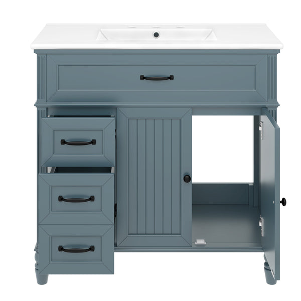English Elm 36" Modern Bathroom Vanity with Ceramic Sink, Solid Wood + MDF Frame, Sleek Freestanding Design Blue N725P195410C