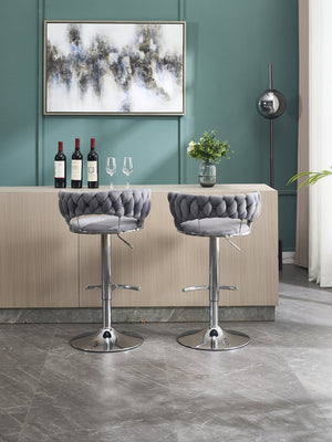 English Elm Set of 2 Velvet Bar Stools with Chrome Base Swivel Height Adjustment Plush Cushion Modern Comfort Grey W1249P247730