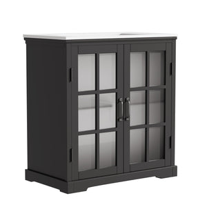 English Elm Christopher Knight Home® - 30" Modern Bathroom Vanity with Ceramic Sink, Tempered Blurred Glass Doors, Rubber Wood Frame Storage Matte Black N817P279904B