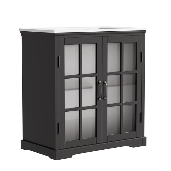 English Elm Christopher Knight Home® - 30" Modern Bathroom Vanity with Ceramic Sink, Tempered Blurred Glass Doors, Rubber Wood Frame Storage Matte Black N817P279904B