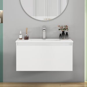 English Elm 32-Inch Wall-Mounted Bathroom Vanity With Soft-Close Drawer, Ceramic Sink, Matte White Finish, Modern Design W3151S00042