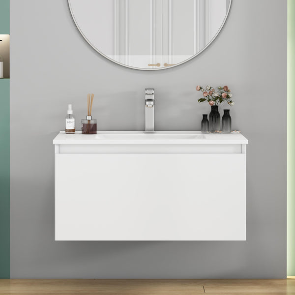 English Elm 32-Inch Wall-Mounted Bathroom Vanity With Soft-Close Drawer, Ceramic Sink, Matte White Finish, Modern Design W3151S00042