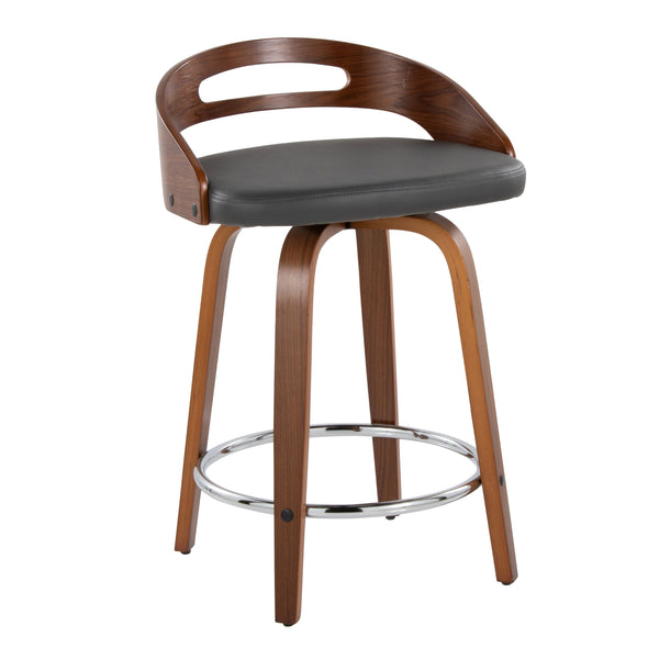 English Elm Cassis 24" Mid-Century Modern Counter Stool Set Of 2 - Swivel Walnut Wood & Grey Faux Leather Elegance B202S00015