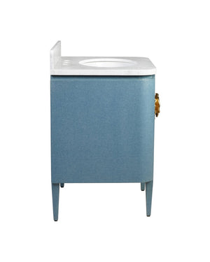 Currey & Company Briallen 36" Vanity With Elegant Carrara Marble Top And Polished Nickel Brass Flower Pull Storage Solutions Blue White Oak Solids & Veneer ,Carrara Marble ,Viterous China ,Brass 3800-0015-currey-company