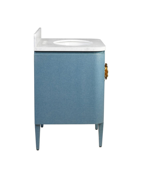 Currey & Company Briallen 36" Vanity With Elegant Carrara Marble Top And Polished Nickel Brass Flower Pull Storage Solutions Blue White Oak Solids & Veneer ,Carrara Marble ,Viterous China ,Brass 3800-0015-currey-company