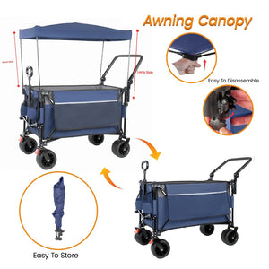 English Elm Multi-functional Heavy Duty Folding Wagon with Canopy Steel Frame All Terrain Wheels Blue Gray W2932P417648