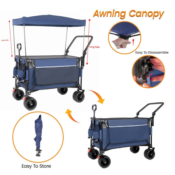 English Elm Multi-functional Heavy Duty Folding Wagon with Canopy Steel Frame All Terrain Wheels Blue Gray W2932P417648