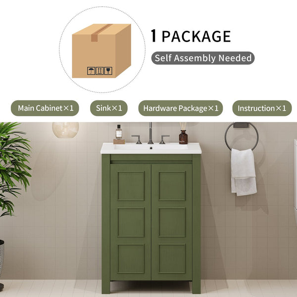 English Elm 24" Vintage Style Small Bathroom Vanity Olive Green with Ceramic Sink, Soft-Close Doors, Shelf (95) N729P292015F
