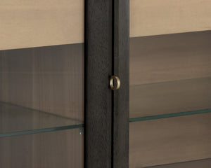 Sunpan Cecilia Sideboard - Elegant Mid-Century Design with Glass Doors, Smoke Grey Acacia & Brass Handles