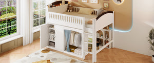 English Elm Twin Loft Bed with Wardrobe Cabinet Led Lighting and Pine Frame for Kids Rooms White N7090002235K
