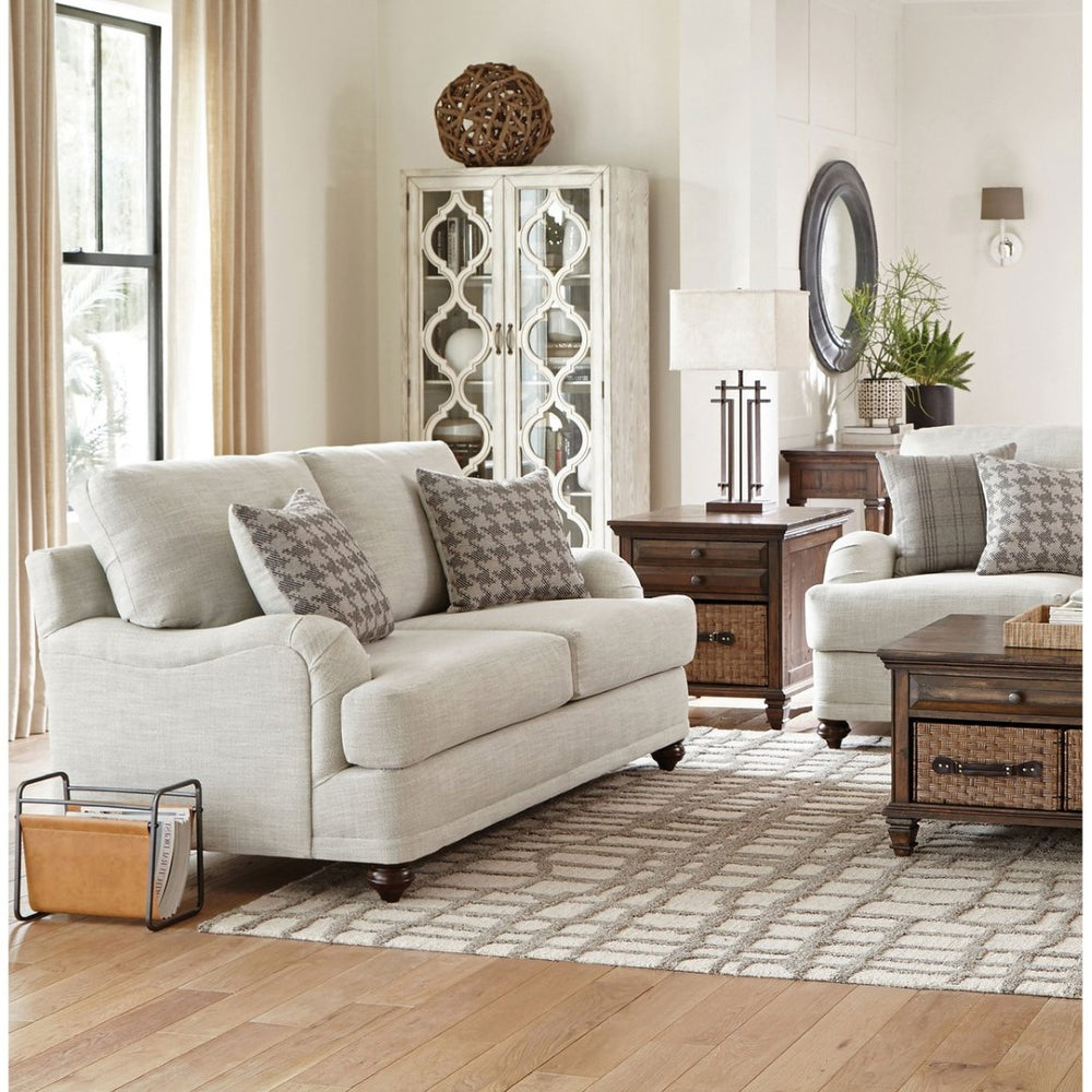 English Elm Brewster Farmhouse Loveseat with English Arms Espresso Legs and Neutral Grey Fabric B062P441336