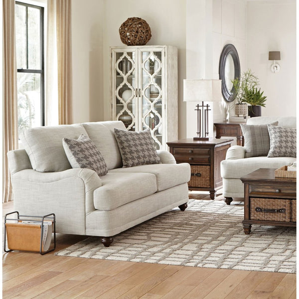 English Elm Brewster Farmhouse Loveseat with English Arms Espresso Legs and Neutral Grey Fabric B062P441336