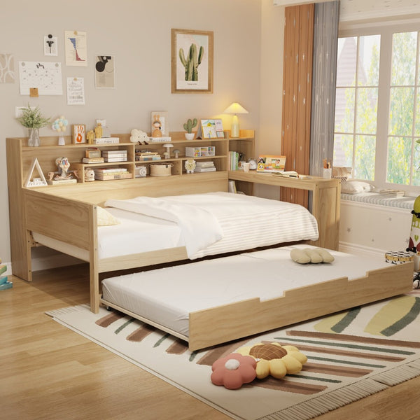 English Elm Wooden Twin Daybed with Trundle Built-in Desk and Open Shelves for Kids Rooms Natural N733S373389M