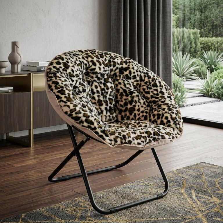 HomeRoots 33 Inch Leopard Print Faux Fur Tufted Folding Accent Chair with Metal Frame 724078