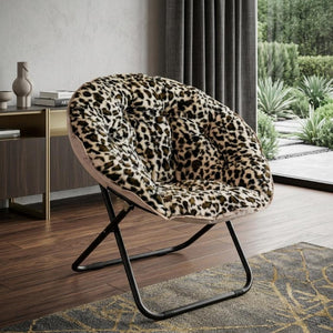 HomeRoots 33 Inch Leopard Print Faux Fur Tufted Folding Accent Chair with Metal Frame 724078