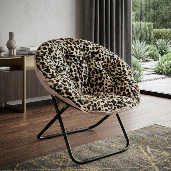 HomeRoots 33 Inch Leopard Print Faux Fur Tufted Folding Accent Chair with Metal Frame 724078