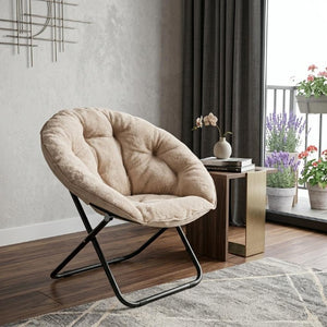 33 Inch Faux Fur Tufted Folding Accent Chair with Glam Metal Frame for Plush Lounge Seating