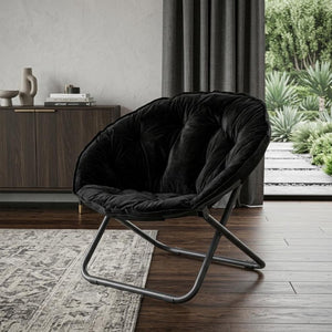 33 Inch Faux Fur Tufted Folding Accent Chair with Glam Metal Frame for Plush Lounge Seating