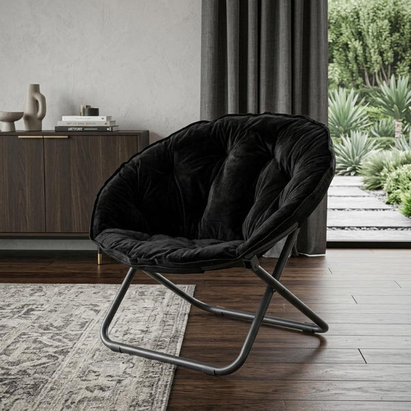 33 Inch Faux Fur Tufted Folding Accent Chair with Glam Metal Frame for Plush Lounge Seating