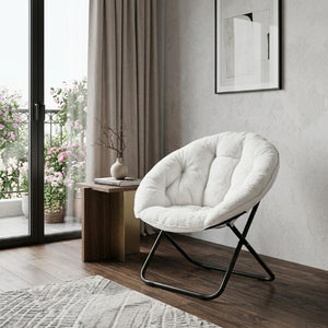 33 Inch Faux Fur Tufted Folding Accent Chair with Glam Metal Frame for Plush Lounge Seating