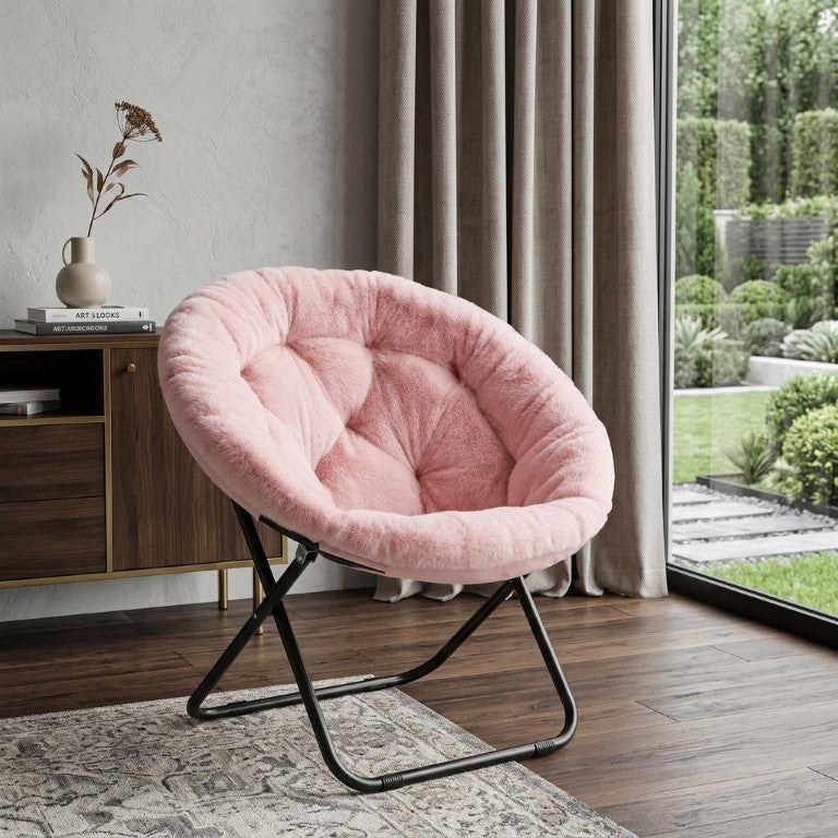 HomeRoots 33 Inch Faux Fur Tufted Folding Accent Chair with Glam Metal Frame for Plush Lounge Seating Pink 724082