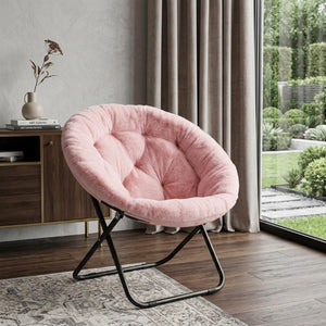 HomeRoots 33 Inch Faux Fur Tufted Folding Accent Chair with Glam Metal Frame for Plush Lounge Seating Pink 724082