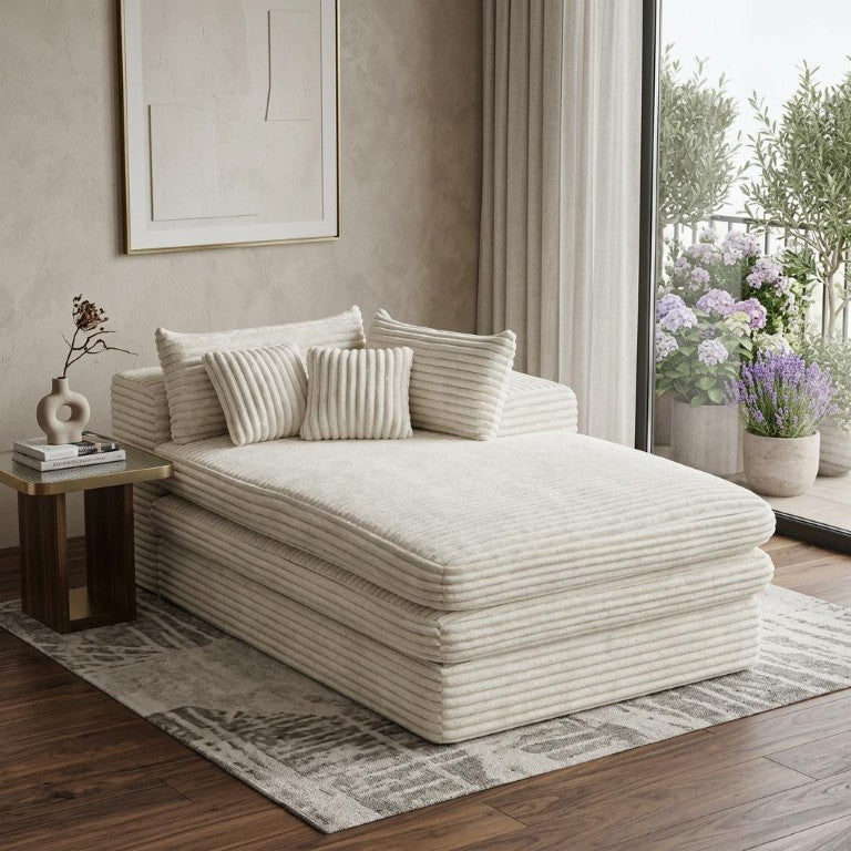 HomeRoots 67 Inch White Corduroy Right Facing Chaise Lounge for Cozy Living Room Comfort 724084