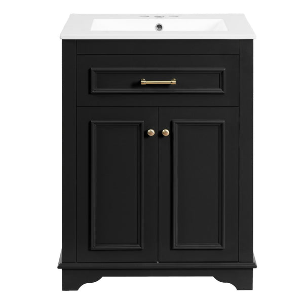 English Elm 24" Matte Single Sink Vanity Solid Poplar Frame Gold Hardware Soft Close Cabinet Black N710P389449B