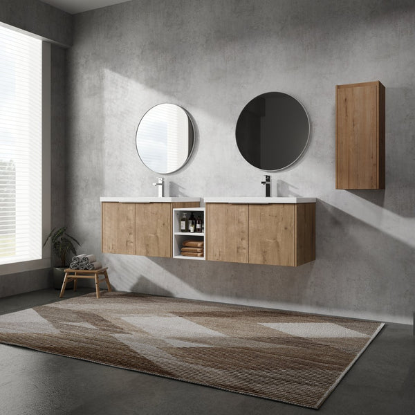 English Elm 72" Wall-Mounted Bathroom Vanity Set With Dual Sinks, Soft-Close Doors & Side Cabinet For Storage W999S00227